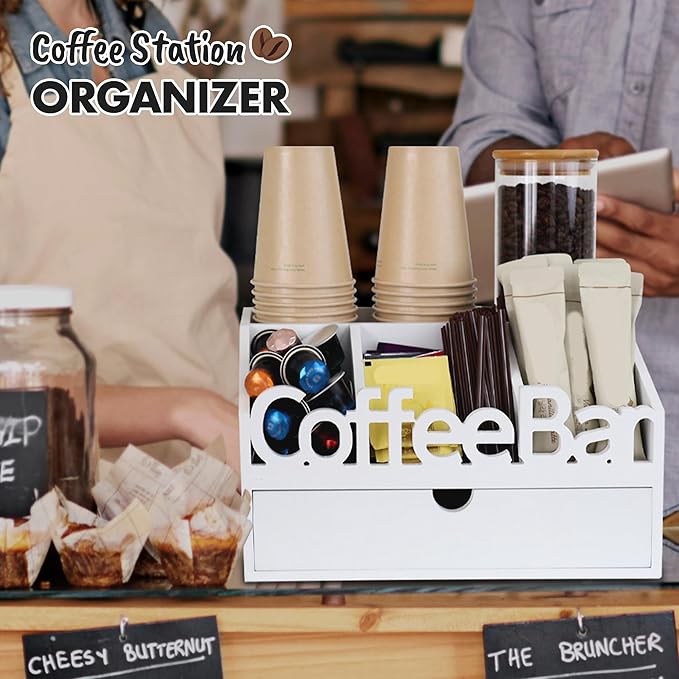 Coffee Bar Organizer for Countertop – Wooden Coffee Station with Black Drawer, Tea and K Cup Storage Rack, Coffee Pod Holder for Home and Office Counter Organization (Drawer - White)