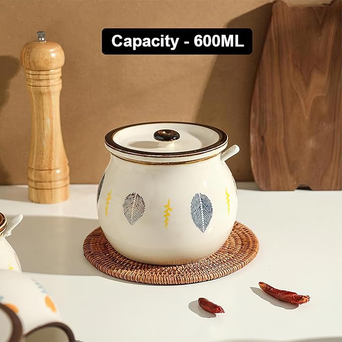 Ceramic Salt and Sugar Bowl, Porcelain Condiment Jars with Lid and Spoon, Seasoning Spice Pot Bowl, Salt Sugar Pepper Storage Jar, 600ml, Leaves