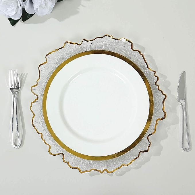 13" Charger Plates - Set of 12 - Acrylic Clear/Gold Round Reef Disposable Chargers, Ideal for Dinner Party Wedding Holiday Bulk Events