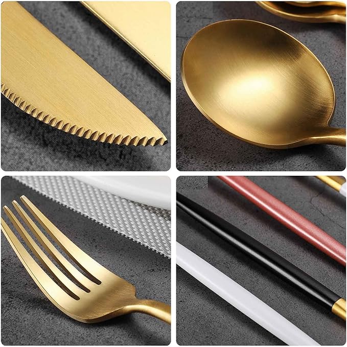Flatware Service for 24 PCS, Knives Forks Spoon Set Serving for 6, Dishwasher Safe, for Tableware, Kitchen, Formal Events, Parties, Home, Hotel(Size:A,Color:Gold)