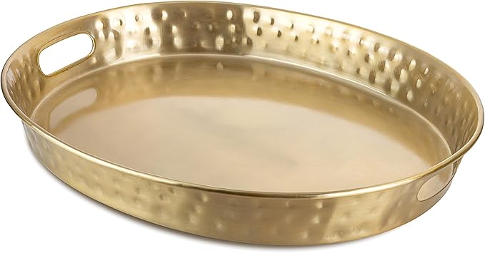 Monarch Abode Serving Tray with Handles – 17-Inch Hand Hammered Metal Platter for Living Room, Brushed Gold Finish Large Ottoman Tray Accent for Coffee Table, Tea & Food Serving Dish for Party