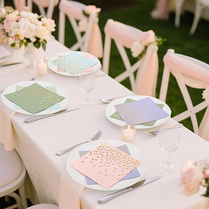 80 Pack of Paper Cocktail Napkins with Gold Foil Polka Dot Confetti，Polka Dot Party Supplies(5 x 5 in，2-ply) (80, pink green blue purple)