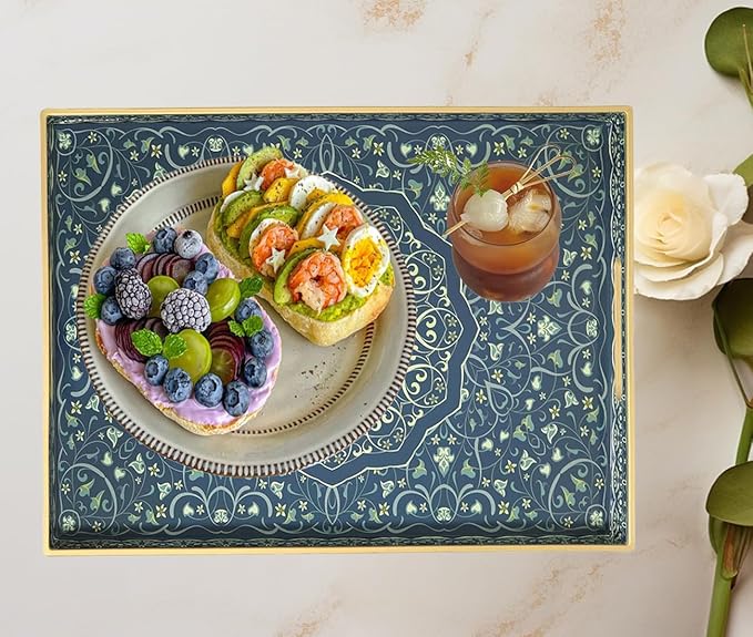 Decorative Tray, Blue Serving Tray with Handles, Set of 2, Plastic Coffee Table Tray for Living Room, Ottoman, Bathroom, Kitchen, Decor, Large 15.7”*11.8”, Small 13.7"*9.8"