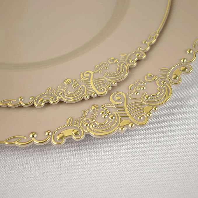 8" Salad Plates -Set of 20 - Plastic Taupe Round Baroque Disposable Chargers Leaf Embossed Rim, Ideal for Dinner Party Wedding Bulk Events