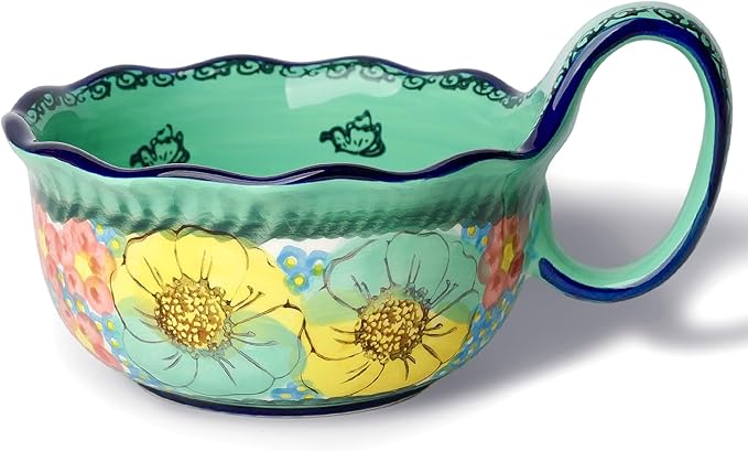 silesia Handmade Ceramic Soup Bowl, 30 oz Hand Painted Bowl with Loop Handle, Floral Design Cereal Bowl for Soup, Ice cream, Snack, Microwave & Dishwasher Safe (Flowers Green)