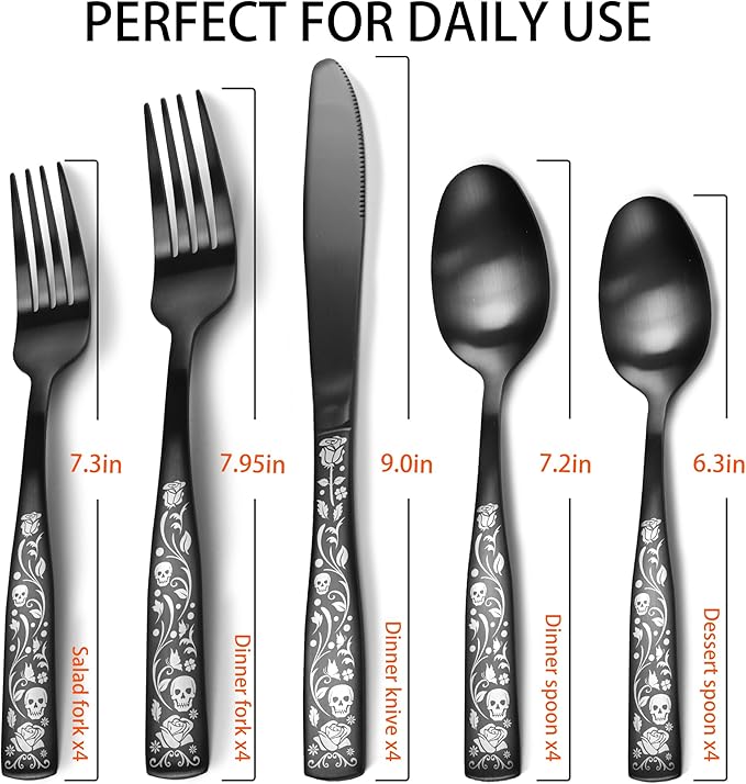 20-Piece Matte Black Silverware Set for 4, Skull Rose Cultery Set 18/0 Stain Finish Stainless Steel, Gothic Skeleton Pattern Decorative Flatware Set, Daily Halloween Party Event Serving For 4