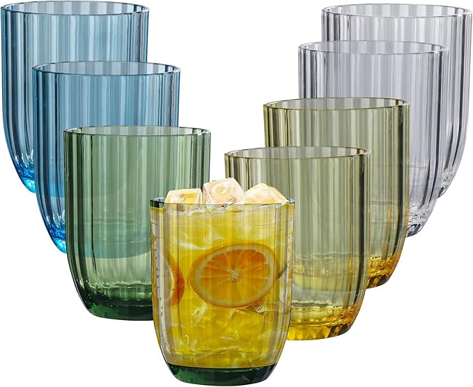 AKMQYM Acrylic Clear Highball Plastic Cups | Plastic Reusable Tumblers 15oz (Set of 8) | Stackable | BPA-free Tumblers | Shatterproof | Top-rack Dishwasher Safe