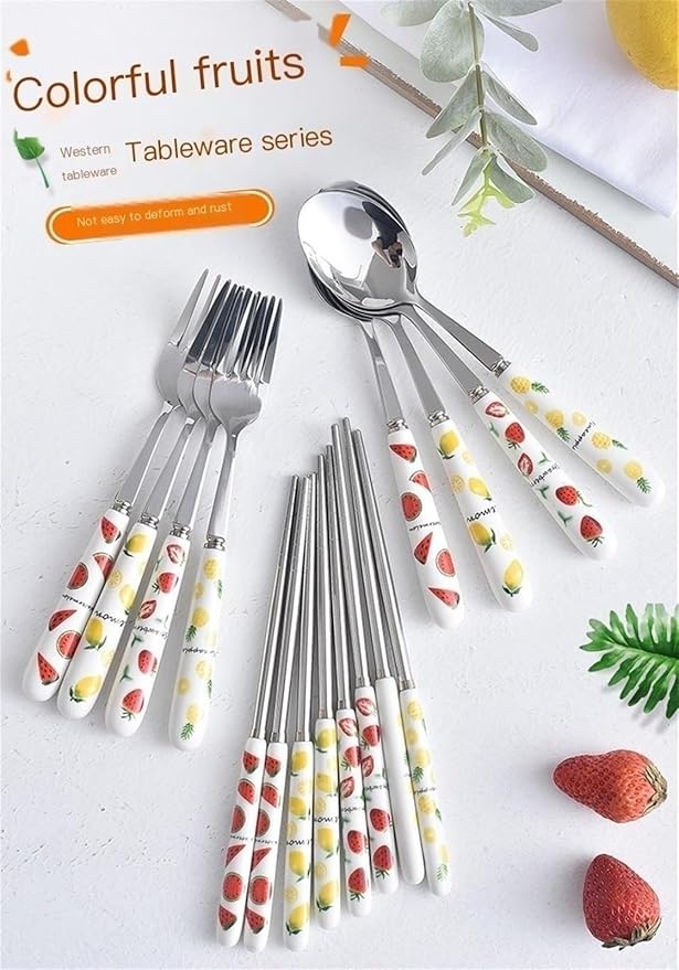 Silverware Set, Ceramic Handle Dinnerware Set Flatware Kitchen Accessories Camping Travel Sets Fork Spoon Portable Cutlery Sets with Case, Lemon Strawberry Watermelon Pineapple Fruit series