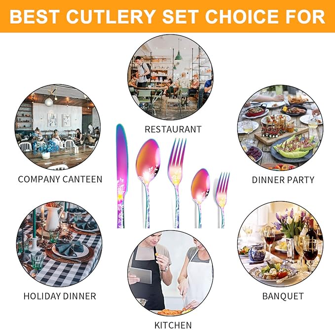 vilihkc 20 piece Unique Pattern Design Silverware Set, Stainless Steel Flatware Set Service for 4, Colorful Cutlery Set, Mirror Polished Utensil Set for Kitchen, Dishwasher Safe
