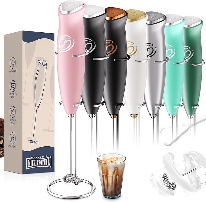 Milk Frother With Stand Handheld Frother Wand Drink Mixer Handheld Coffee Stirrers Electric Frother for Coffee Mixer Wand with 2 Whisk frother for protein powder-Pink
