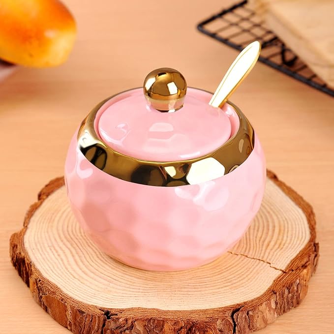 WHJY Ceramic Sugar Bowl with Lid and Spoon, Golf Design Porcelain Salt Bowl Salt Container, Modern Spice Box Seasoning Jar for Home and Kitchen Coffee Bar - Pink