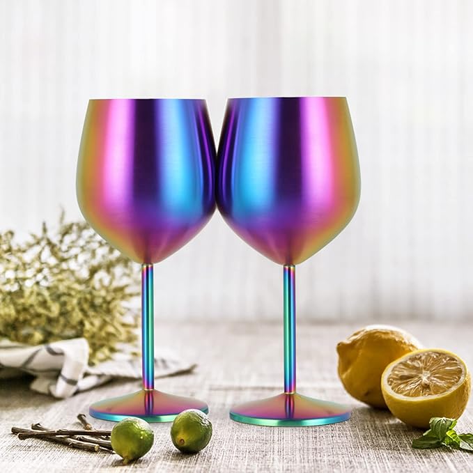 Lifecapido Stainless Steel Wine Glasses Set of 6, 18oz Colorful Stainless Steel Wine Goblets, Stemmed Metal Wine Glasses with Cup Brush for Party Office Wedding Anniversary, Great for Red White Wine