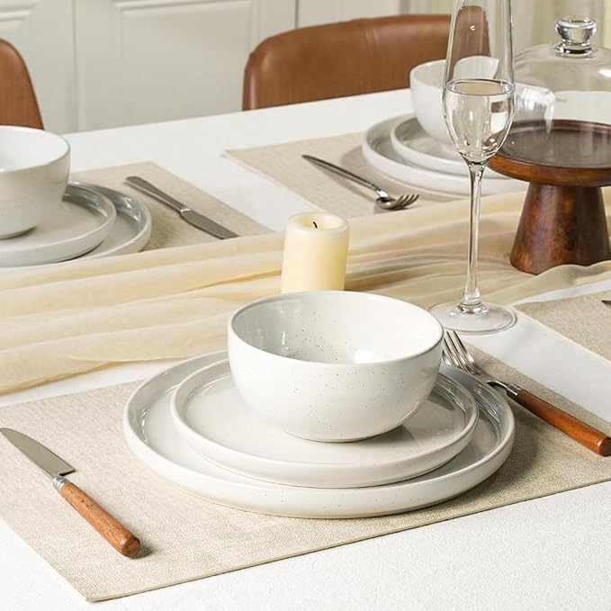 Kitchen Plates and Bowls Set Dinner Set for 4 Handpainted Dinner ware Sets, Microwave Safe Plates and Bowls Sets Stone Plate White Stoneware Scratch Resistant (Arctic Frost)
