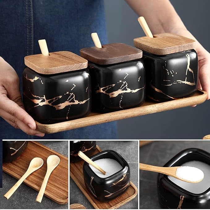 3 Pcs Porcelain Condiment Jar Pot Spice Container Ceramic Seasoning Jar with Lid Spoon and Tray Great for Home Kitchen Counter, Black