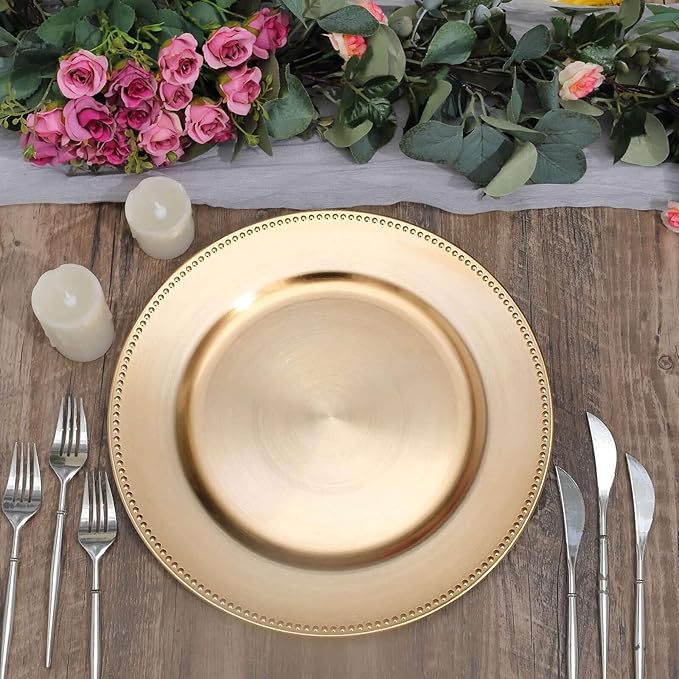 13" Charger Plates -Set of 24 - Acrylic Gold Round Beaded Disposable Chargers, Ideal for Dinner Party Wedding Bulk Events Tabletop Decoration