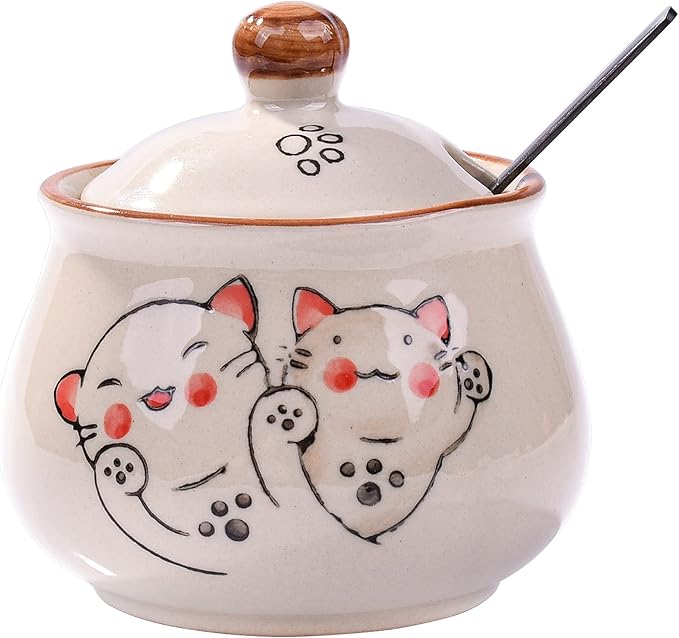 Ceramic Sugar Bowl with Lid and Spoon, Japanese Sugar Bowl with Spoon and Lid (Style 2)