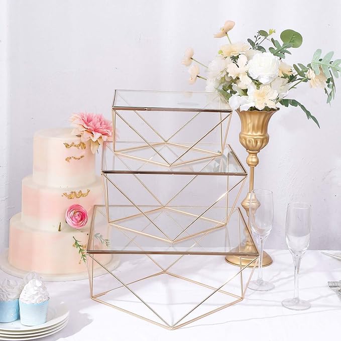 Efavormart Set of 3 Metal Geometric Cake Stand Gold Cake Riser with Glass Top Glossy Metallic Finish for Dessert Cupcake Pastry Candy Display Plate Event, Birthday Party