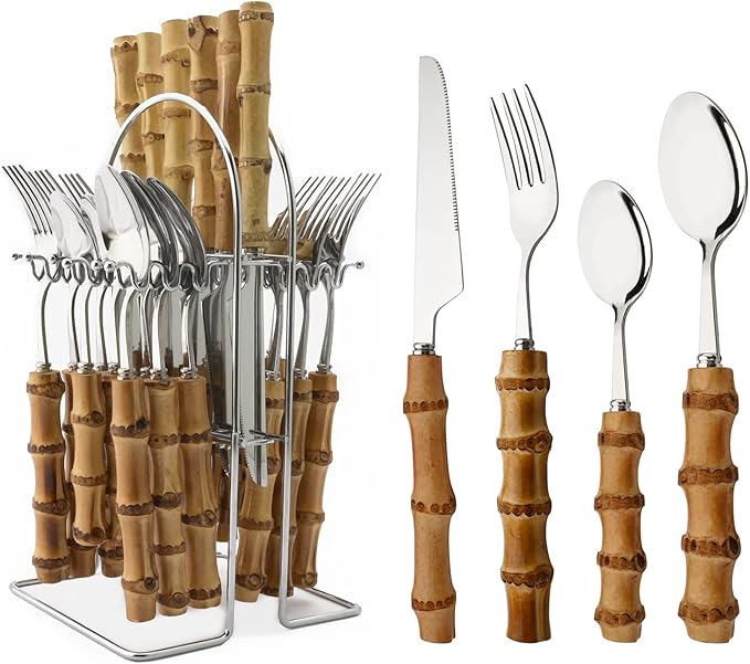 Bamboo Silverware set, 25 PCS Natural Bamboo Flatware Set with Holder, Stainless Steel Forks Spoons and Knives set with Bamboo Handle, Silver Cutlery Set with Stand, Service for 6