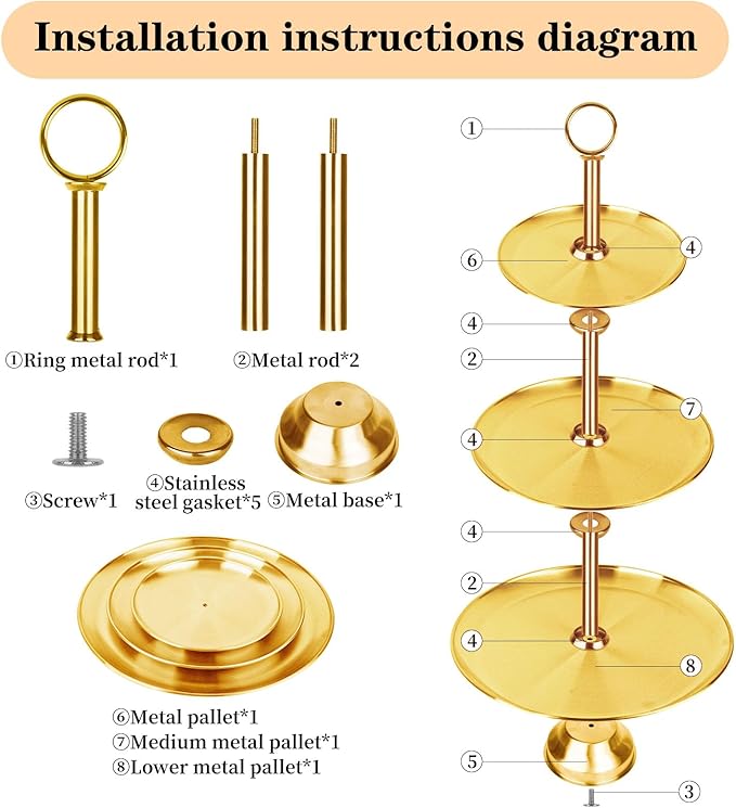 3 Tier Gold Metal Cupcake Stand Holder,Stainless Steel Cup Cake Stand Tower with Tiered Serving Tray and Base for Parties,Weddings,Birthdays and Any Festivals and Celebrations(2-Pack)