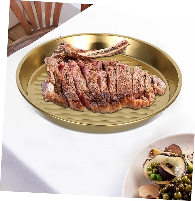 Mobestech Golden Stainless Steel Steak Plate Round Serving Tray for Seafood and Snacks Elegant Design for Family Meals and Outdoor Bbqs and Portable Dinner Plates