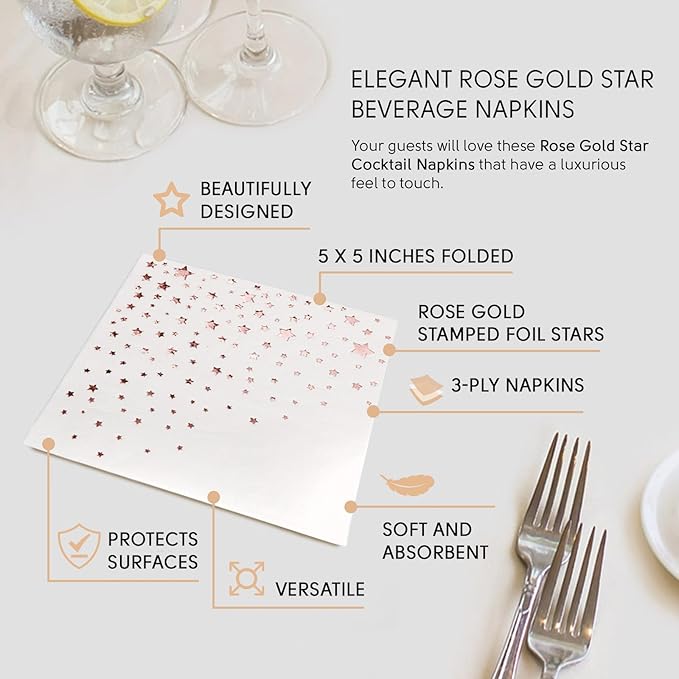 The Essential Concierge Stylish Rose Gold Napkins, 100 Count, Party Napkins, 5x5 Inch, Rose Gold, Paper, 3-Ply