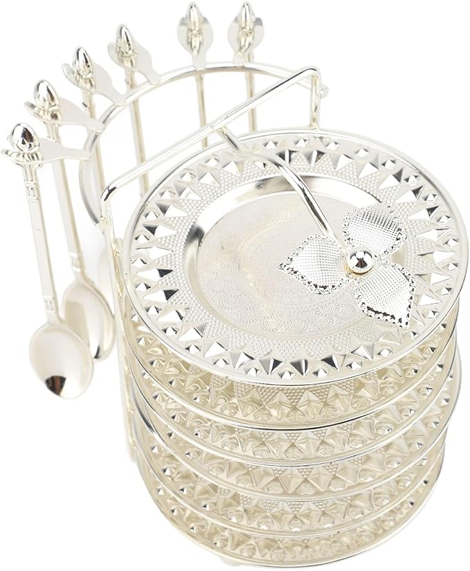 GLOGLOW European Style Food Plate, Zinc Alloy Serving Tray with Spoon for Steaks Pasta Fruits Snacks, Elegant Design for Parties and Gatherings (Silver)