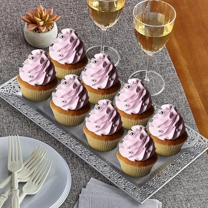 SILVER SPOONS Elegant Lace Plastic Serving Trays (6 PC), Disposable Plastic Trays and Platters for Party - 14” x 7.5”, Serves Snacks, Desserts, Sweets, Perfect for Upscale Wedding, and Dining - Silver