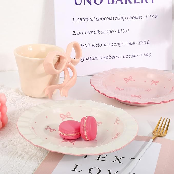 JarThenaAMCS 2Pcs Pink Bow Ceramic Dish White Pink Bow Tie Dinner Plates Cute Coquette Salad Appetizer Plates for Holding Necklaces Earrings Bracelets Decorative Plate Home Restaurant Table Decor