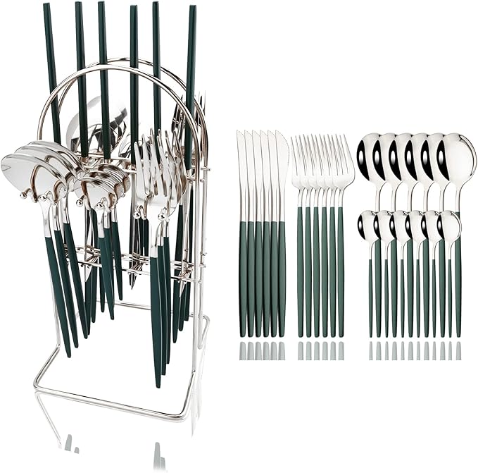 JASHII Hanging Flatware Set Include Knife Fork Spoon Teaspoon and Stand, 24pcs Stainless Steel Utensils Set Service for 6,Modern Design & Mirror Polished, Dishwasher Safe - Green Silver