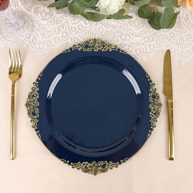 10" Dinner Plates -Set of 20 - Plastic Navy Blue Round Baroque Disposable Chargers Leaf Embossed Rim, Ideal for Dinner Party Wedding Bulk Events