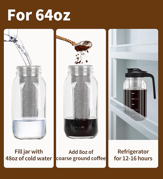 Cold Brew Coffee Filter, 304 Stainless Steel Food Grade, Coffee Maker, Tea Maker,Water Filter, Ultra Fine Mesh Wide Mouth Mason Jar (64Oz)