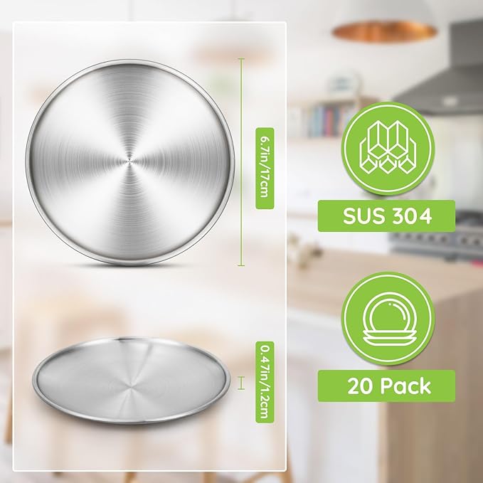 Stainless Steel Plates, 20 Set 6.7 inch 304(18/8) Metal Food Serving Plate, Reusable Snack Eating Dishes Round Shatterproof Silver Dinnerware for BBQ Dinner Oven Dishwasher Safe