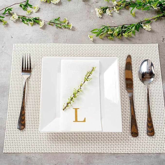 Luxenap 15.8 X 7.9 Inch Linen-Feel Guest Towels, 2000 Lettered Hand Towels - Gold Letter 'L', Sans Serif Font, White Paper Dinner Napkins, airlaid, For Restrooms And Tables