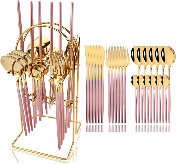 JASHII 24-piece Forks and Spoons Silverware Set with Stand, Metal Tableware Cutlery Set Pink and Gold Plated Stainless Steel Flatware Set,Service for 6,Mirror Polished