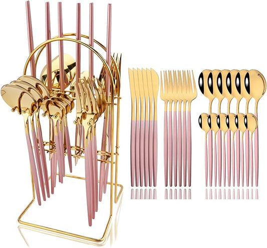 JASHII 24-piece Forks and Spoons Silverware Set with Stand, Metal Tableware Cutlery Set Pink and Gold Plated Stainless Steel Flatware Set,Service for 6,Mirror Polished