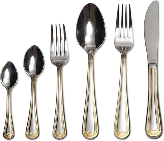 Venezia Collection "Beads" 75-Piece Fine Flatware Set, Silverware Cutlery Dining Service for 12, Premium 18/10 Surgical Stainless Steel, 24K Gold-Plated Hostess Serving Set