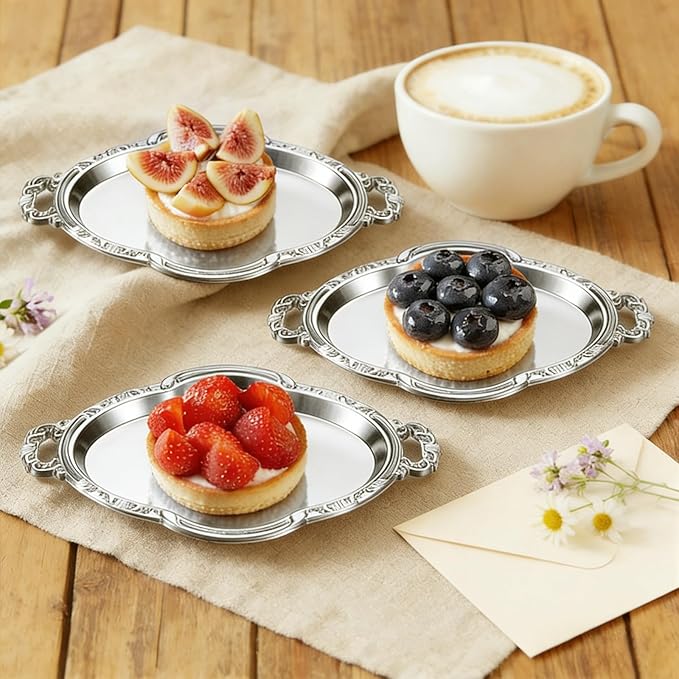50 Pcs Oval Mini Baroque Dessert Display Tray Mini Elegant Plastic Serving Tray Small Cake Candy Plates for Weddings Party Bridal Baby Shower, Birthday, Candy Jars Decorations(Silver)