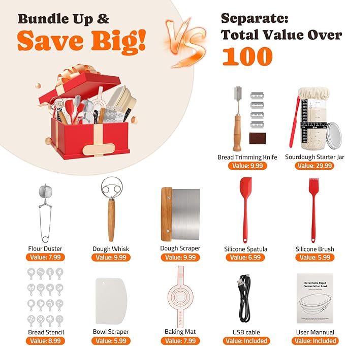 Heating Sourdough Starter Kit, 4L Electric Thermostatic Silicone Square Foldable Banneton Bread Proofing Basket with 6 Timer & Temp Settings for Dough Rising, Dishwasher Safe, Bread Making Kit