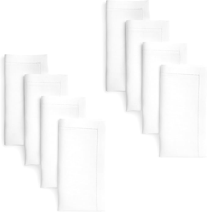 D'Moksha Homes White Linen Napkins Set of 8 - Classic Hemstitch 100% Pure Linen Hemstitch Dinner Napkins 20 x 20 Inch for Winter, Christmas, Holiday, New Year - Handcrafted and Machine Washable