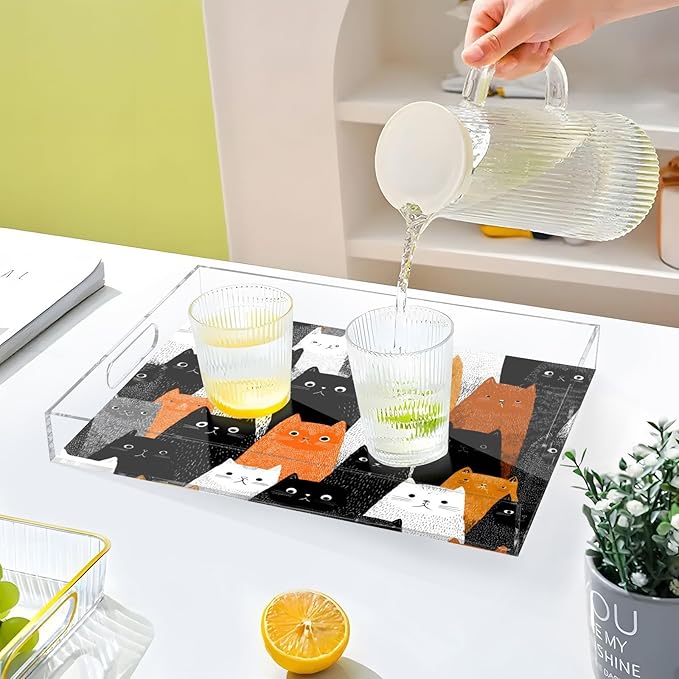 Serving Tray with Handles Clear Acrylic Tray 12x16 Inch Decorative Rectangular Tray Organizer for Ottoman Coffee Table Bathroom Black and White Orange Cat
