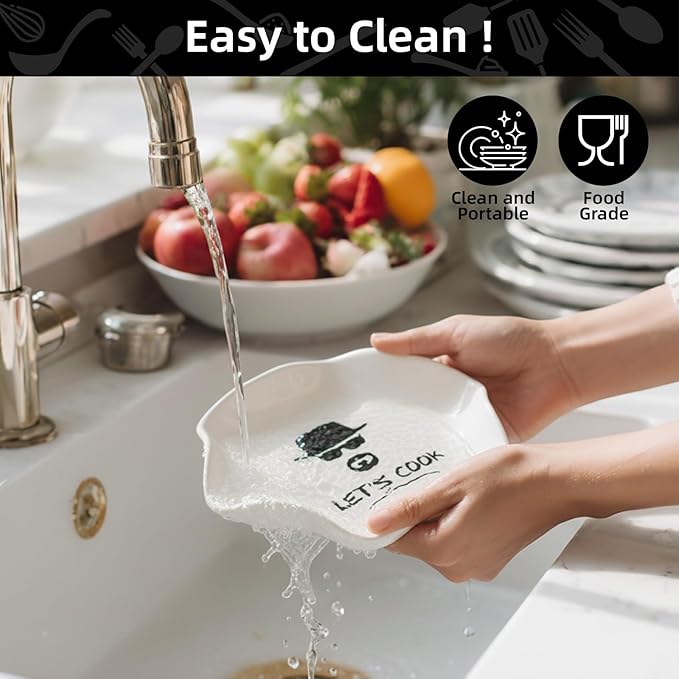 Funny Let's Cook Ceramic Spoon Rest for Kitchen Counter Stove Top, 5.8 Inch Heat-Resistant Utensil Holder for Cooking, Spoons, Ladles, Tongs, Cute Kitchen Decor, Housewarming Gift for Women Men