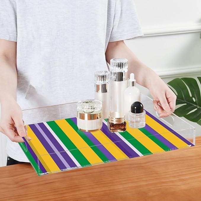Serving Tray with Handles Clear Acrylic Tray 12x16 Inch Decorative Rectangular Tray Organizer for Ottoman Coffee Table Bathroom Mardi Gras Stripe Purple Yellow