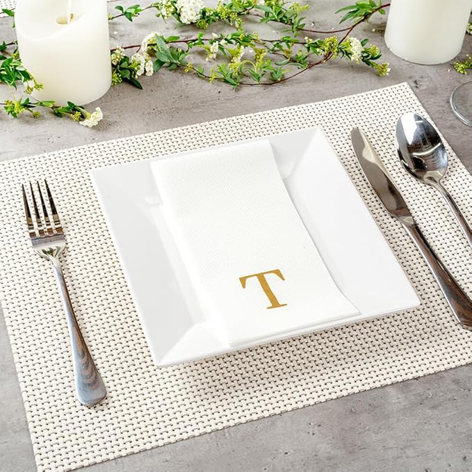 Luxenap 15.8 X 7.9 Inch Linen-Feel Guest Towels, 2000 Lettered Hand Towels - Gold Letter 'T', Sans Serif Font, White Paper Dinner Napkins, airlaid, For Restrooms And Tables