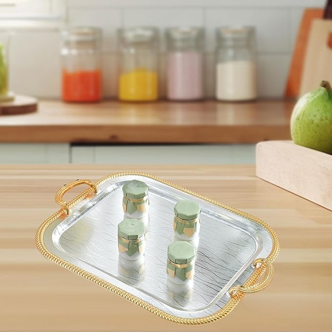 Serving Tray Tea Cup Holder Iron Art Cosmetic Perfume Makeup Display Vanity Tray Decorative Tray for Dressing Room Bathroom, L