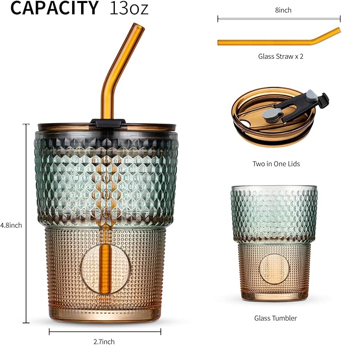BLUEPOLAR 13 oz Tumbler Water Glass, Water Bottle with Straw and Dustproof Lid, Coffee Ice Cup Double Wall Insulated Glass Cup (Amber-Ribbed)