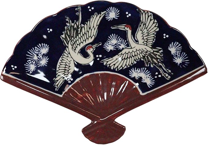 Ebros Pack Of 4 Colorful Oriental Folding Fan Shaped Appetizer Sushi Dessert Serving Dish Plates Decorative Asian Themed Artistic Dinner Lunch Serveware Plate Set (Twilight Blue Sky White Storks)