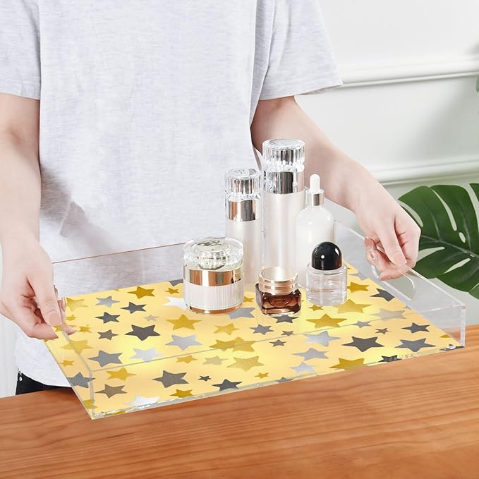 Serving Tray with Handles Clear Acrylic Tray 12x16 Inch Decorative Rectangular Tray Organizer for Ottoman Coffee Table Bathroom Cute Silver and Golden Stars