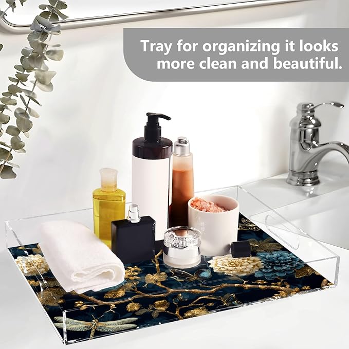 Serving Tray with Handles Clear Acrylic Tray 12x16 Inch Decorative Rectangular Tray Organizer for Ottoman Coffee Table Bathroom Mystical Flowers and Dragonflies