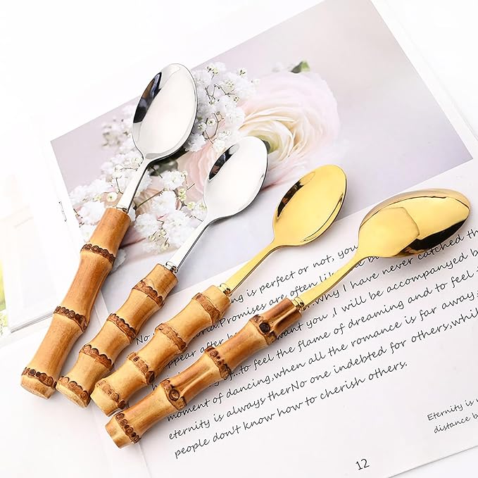 8pcs Silver Teaspoon, Stirring Spoon Bamboo Handle Ice Cream Spoon, Coffee Tea Spoon Set, Food Grade 18/10 Stainless Steel Tablespoons, 6.3-inch