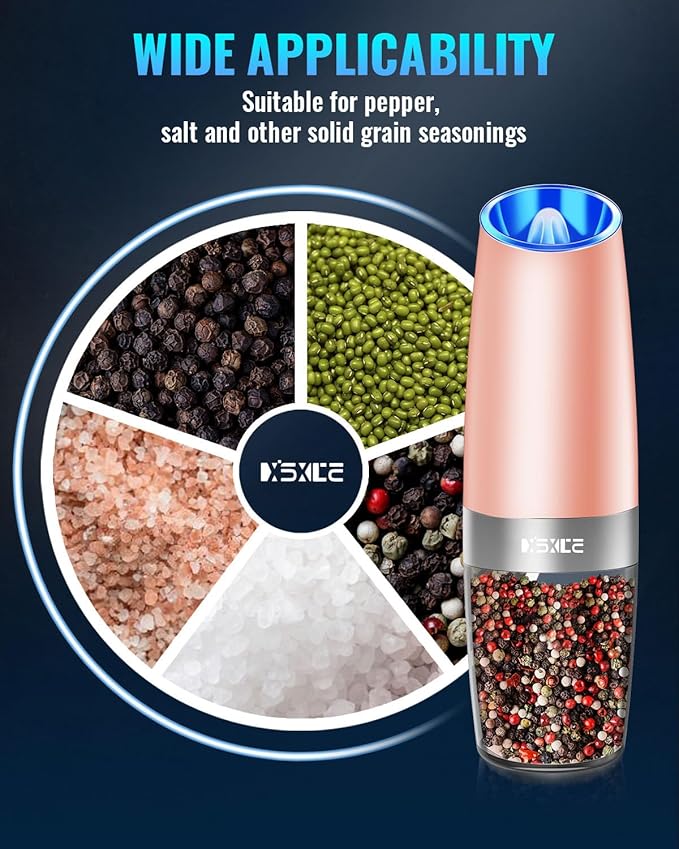 XinXu Gravity Electric Pepper and Salt Grinder Set, Adjustable Coarseness, with LED Light, One Hand Automatic Operation (Set/Coral X)
